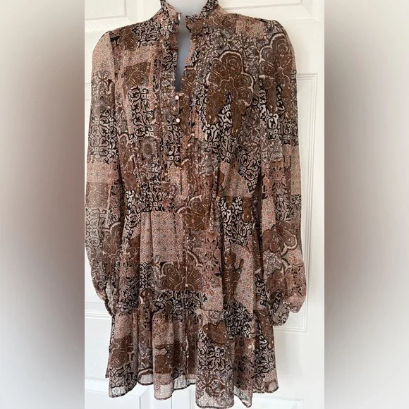 House Of Harlow 1960 Dress Boho Long Sleeve Mini Dress Brown Gold Sparkle size 8 - Picture 7 of 16